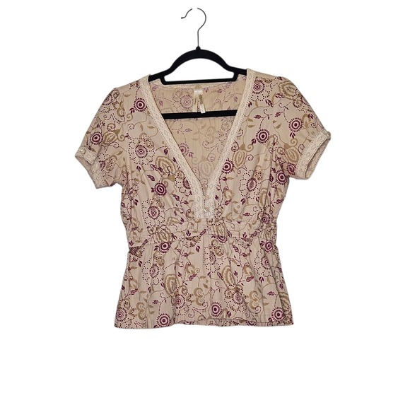 Fossil Ditzy Floral Short Sleeve V-Neck Blouse Top Lace Trim Large Boho 90s Y2K - Picture 1 of 8